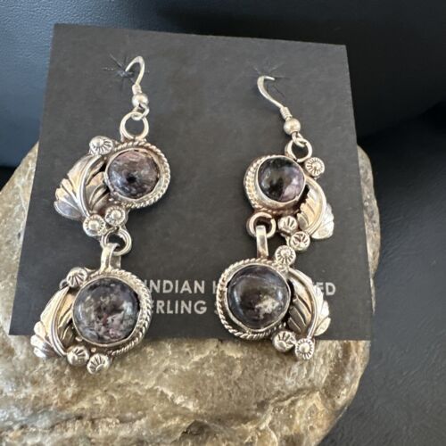 Navajo Purple Sugilite Dangle Earrings | Sterling Silver | 2" | Authentic Native American Handmade | 15694