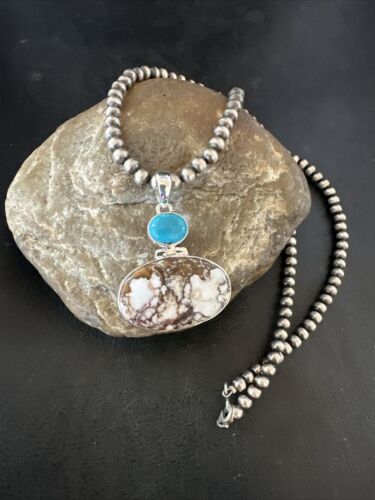 Navajo Wild Horse | Blue Kingman Turquoise Necklace | Sterling Silver | Authentic Native American Handmade | 17309