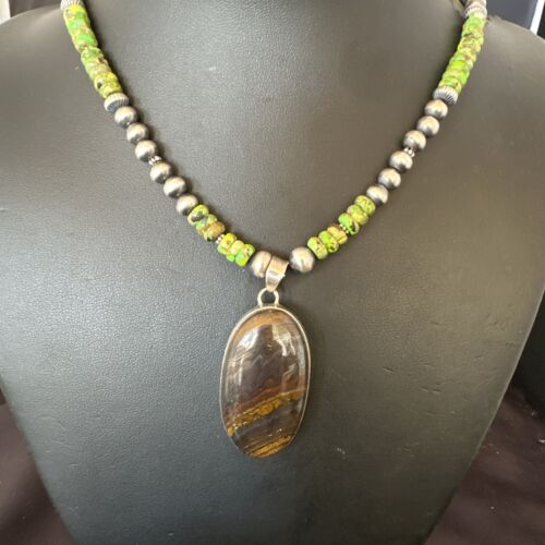 Navajo Green Turquoise Jasper Pendant | Sterling Silver Necklace | Authentic Native American Handmade | 16922