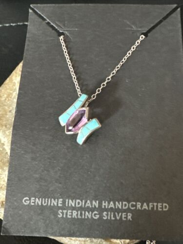 Amethyst Turquoise Pendant | Navajo Pearls | Sterling Silver Necklace 18" | 15282