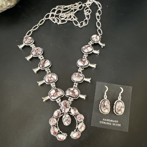 Navajo Squash Blossom Necklace with Wild Horse Turquoise | Sterling Silver Earrings | 16268