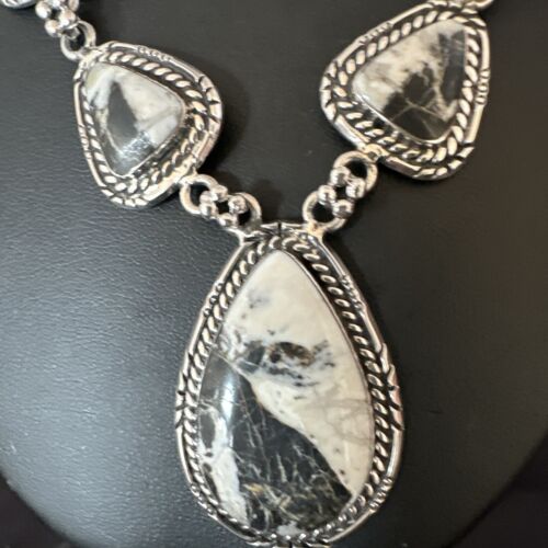 Navajo White Buffalo Turquoise Lariat Necklace | Sterling Silver Earrings | Authentic Native American Handmade | 16267