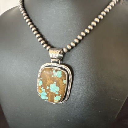 Navajo Blue Turquoise #8 Pendant | Sterling Silver Necklace with Pearls | Authentic Native American Handmade | 16350