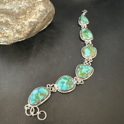 Navajo Green Sonoran Gold Turquoise 6-Stone Link Bracelet | Sterling Silver | Authentic Native American Handmade | 16373