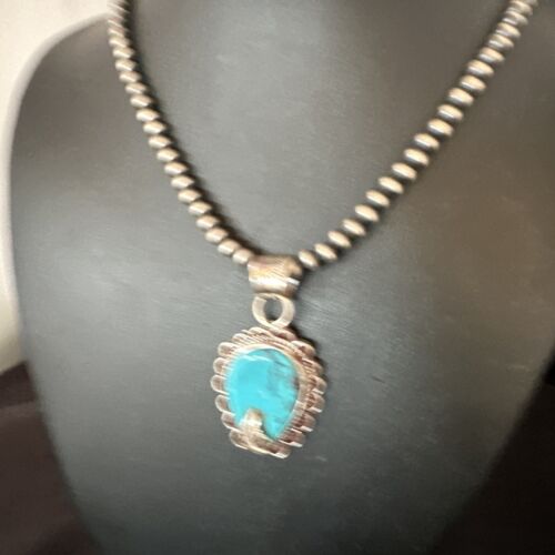 Navajo Blue Turquoise Pendant Necklace | Sterling Silver Pearls | Authentic Native American Handmade | 15651