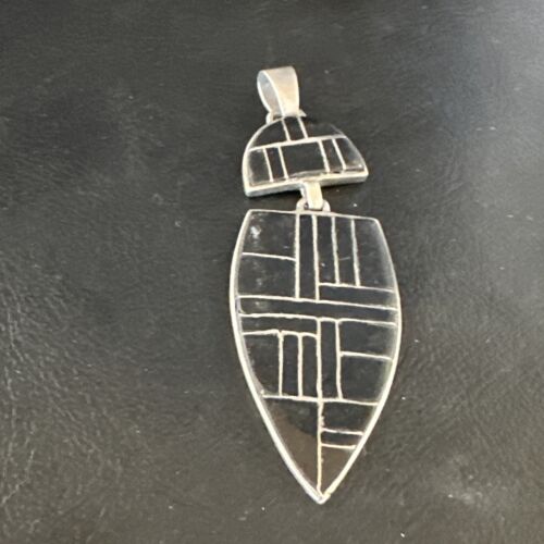 Navajo Sterling Silver Pendant with Black Onyx Inlay | Authentic Native American Handmade | 3" | 15174