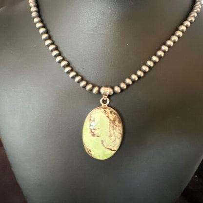 Navajo Green Gaspeite Pendant Necklace | Sterling Silver | Authentic Native American Handmade | 15489