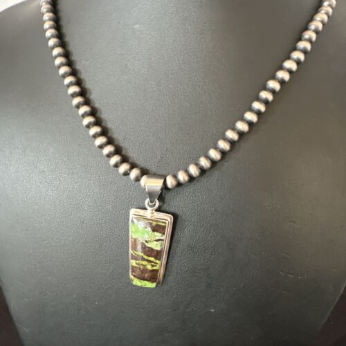 Navajo Green Gaspeite Pendant Necklace | Sterling Silver | Authentic Native American Handmade | 16361
