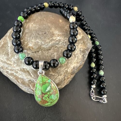 Green Mojave Turquoise & Onyx Pendant | Navajo Pearl Sterling Silver Necklace 21" | 17499