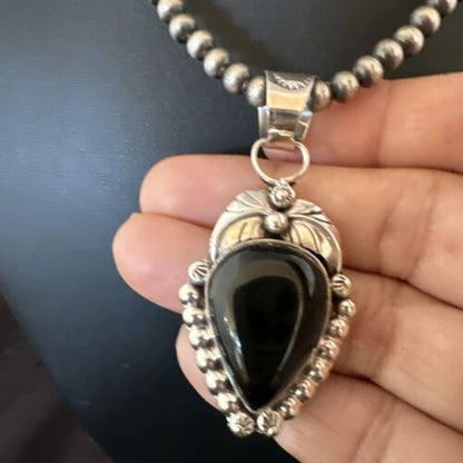 Navajo Pearls Black Onyx Necklace Pendant | Sterling Silver | Authentic Native American Handmade | 16529