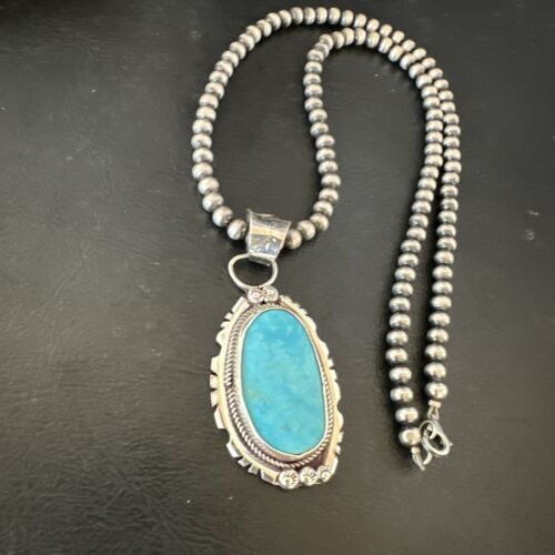 Navajo Pearls Kingman Turquoise Pendant Necklace | Sterling Silver | Authentic Native American Handmade | 17133