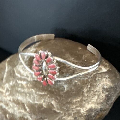 Navajo Red Coral Cluster Cuff Bracelet | Sterling Silver | Authentic Native American Handmade | 15245