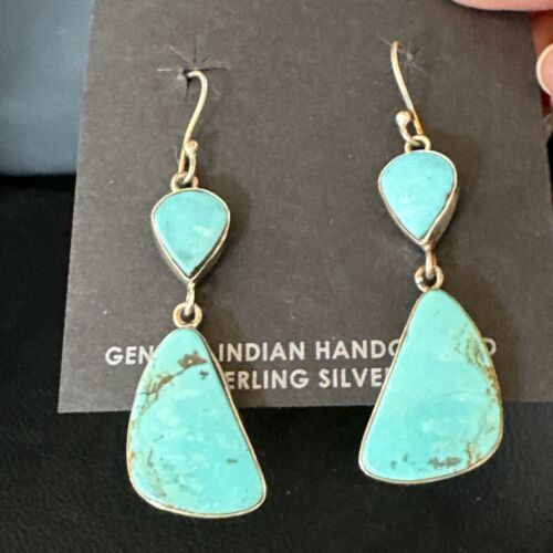 Navajo Blue Kingman Turquoise Dangle Earrings | Sterling Silver | Authentic Native American Handmade | 15102