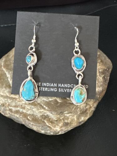 Kingman Turquoise Dangle Earrings | Navajo Handmade | Sterling Silver | Authentic Native American | 14867