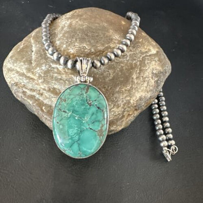 Navajo Blue Spiderweb Turquoise Pendant | Sterling Silver Pearls Necklace | Authentic Native American Handmade | 15570