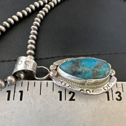 Navajo Pearls Kingman Turquoise Pendant Necklace | Sterling Silver | Authentic Native American Handmade | 17127