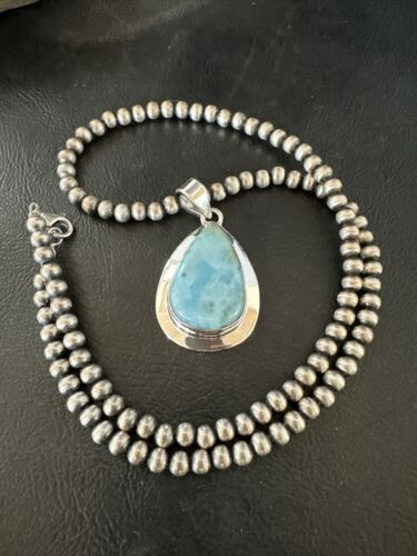 Navajo Blue Larimar Pendant Necklace | Sterling Silver Beads | Authentic Native American Handmade | 17602