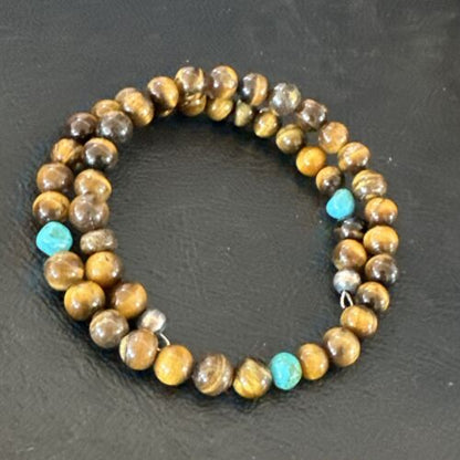 Navajo Blue Turquoise Coffee Tiger's Eye Bracelet | Stainless Steel Memory Wire | Authentic Native American Handmade | 17627