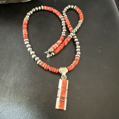Navajo Pearls Sterling Silver Necklace with Lapis and Red Spiny Oyster Inlay Pendant | 17119