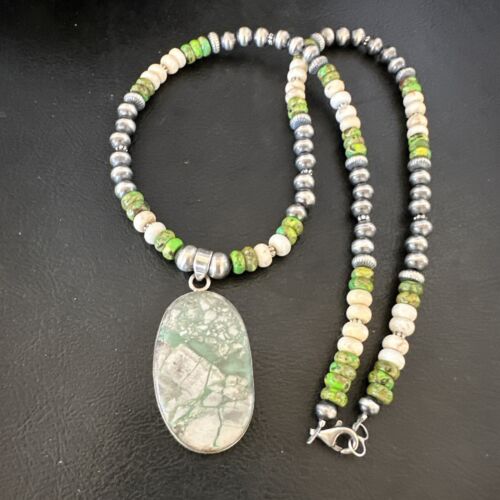 Navajo Green Turquoise Jasper Pendant Necklace | Sterling Silver | Native American Handmade | 16924