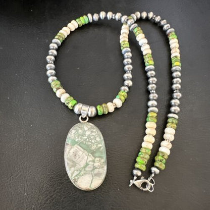 Navajo Green Turquoise Jasper Pendant Necklace | Sterling Silver | Native American Handmade | 16924
