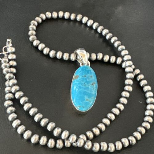 Navajo Blue Kingman Turquoise Pendant with Pearls | Sterling Silver Necklace | 20" | 16993