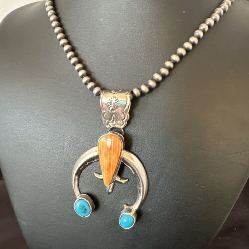 Navajo Blue Turquoise Orange Spiny Oyster Naja Pendant | Sterling Silver | Authentic Native American Handmade | 16411