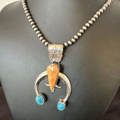 Navajo Blue Turquoise Orange Spiny Oyster Naja Pendant | Sterling Silver | Authentic Native American Handmade | 16411