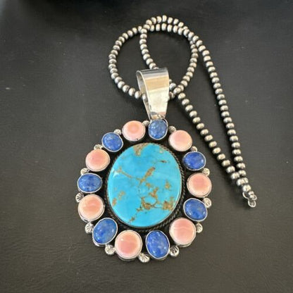 Navajo Multi-Stone Necklace | Lapis, Pink, Blue Turquoise | Sterling Silver | 17456