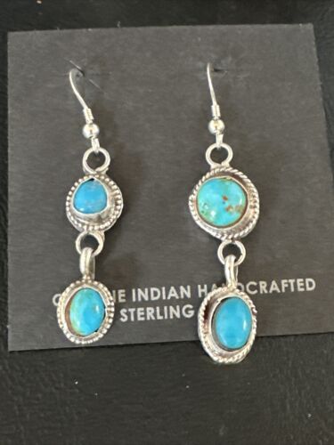 Kingman Turquoise Dangle Earrings | Navajo Sterling Silver | Authentic Native American Handmade | 14871
