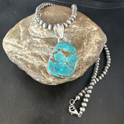 Navajo Blue Spiderweb Turquoise Pendant Necklace | Sterling Silver | Native American Handmade | 15572