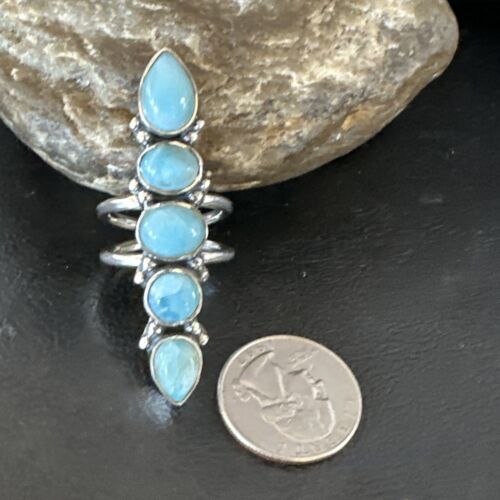 Navajo Blue Larimar Cluster Ring | Authentic Native American Sterling Silver | Multi-Stone | Sz 8.5 | 15936