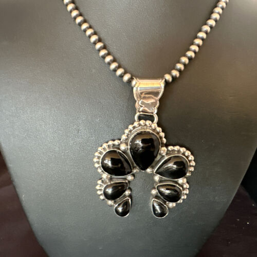 Navajo Men's Black Onyx Naja Pendant Necklace | Sterling Silver | 16103