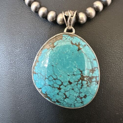Men's Navajo Blue Spiderweb Turquoise Pendant Necklace | Sterling Silver | Authentic Native American Handmade | 16228