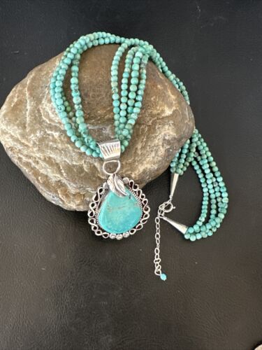Blue Turquoise Pendant | Navajo Pearls | Sterling Silver Bead Necklace 17" | Multi-Strand | 15993