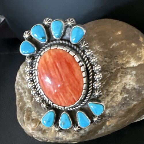 Navajo Turquoise Spiny Oyster Multi-Stone Ring | Authentic Native American Sterling Silver | Sz 8 | 15076