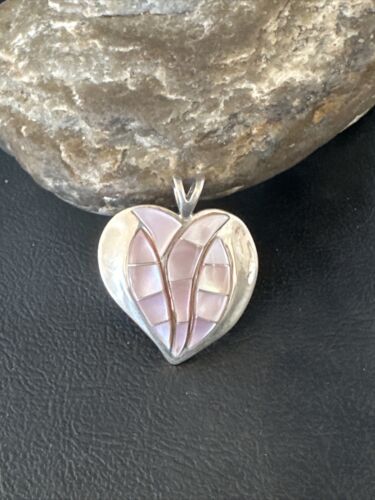Navajo Pink Mother of Pearl Heart Pendant Necklace | Sterling Silver | Authentic Native American Handmade | 15193