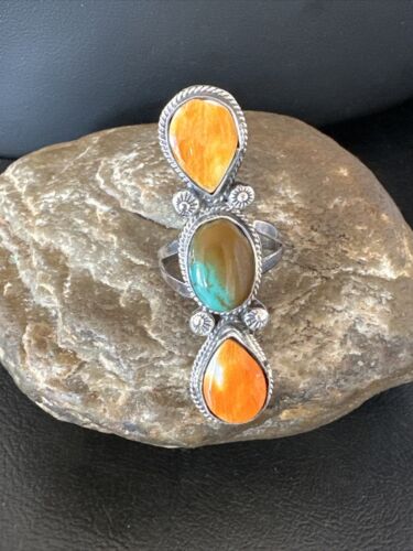 Navajo Green Turquoise Spiny Oyster Multi-Stone Ring | Authentic Native American Sterling Silver | Sz 11 | 16728