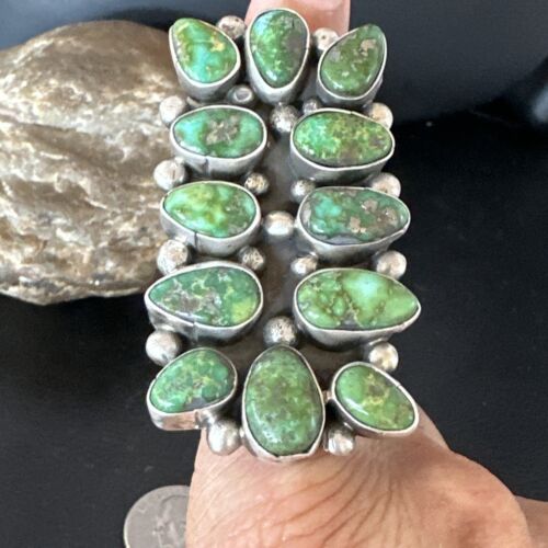 Navajo Green Sonoran Gold Turquoise Cluster Ring |Authentic Native American Sterling Silver | Multi-Stone | Sz 9 | 16028