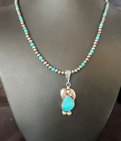 Navajo Pearls Kingman Turquoise Pendant Necklace | Sterling Silver | Authentic Native American Handmade | 14888