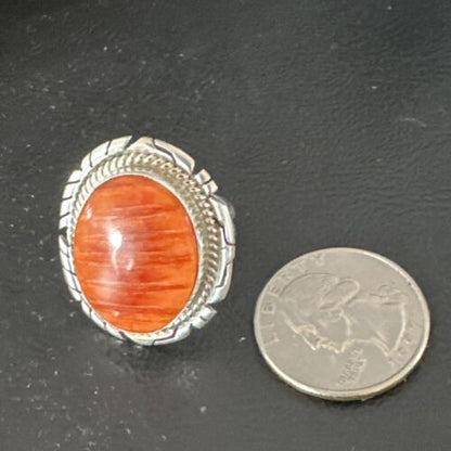 Navajo Orange Spiny Oyster Ring | Sterling Silver | Sz 7.5 | Authentic Native American Handmade | 16030