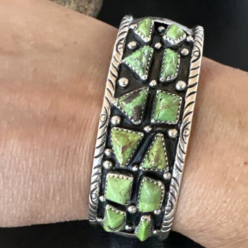 Navajo Green Gaspeite Cluster Cuff Bracelet | Sterling Silver | Authentic Native American Handmade | 16377