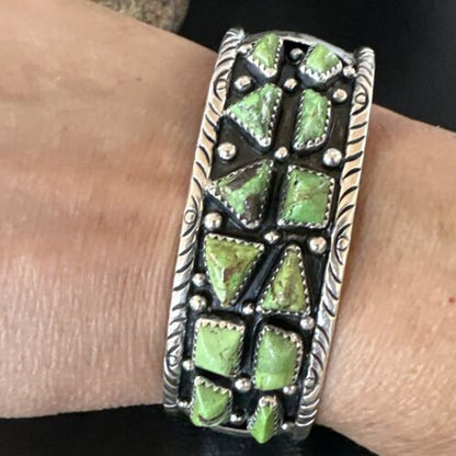 Navajo Green Gaspeite Cluster Cuff Bracelet | Sterling Silver | Authentic Native American Handmade | 16377