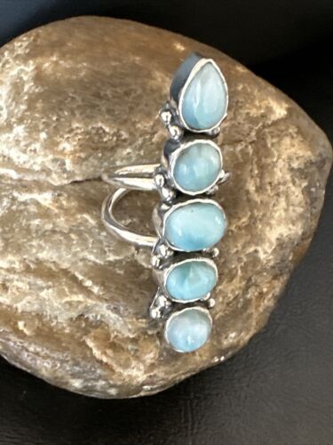 Navajo Women's Cluster Blue Larimar Ring | Authentic Native American Sterling Silver | Multi-Stone | Sz 8.5 | 15940