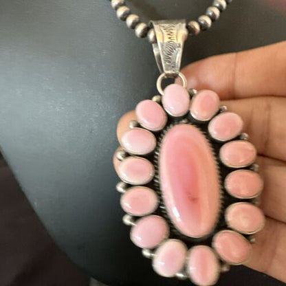 Navajo Pearls Pink Conch Necklace with Multi-Stone Cluster Pendant | Authentic Native American Handmade | 16063