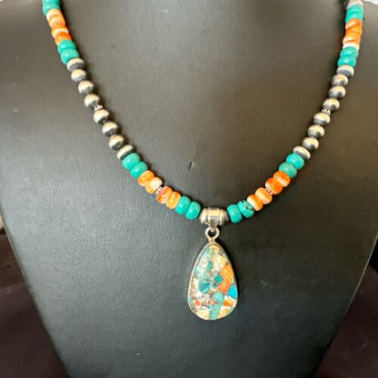 Navajo Spiny Turquoise Pendant Necklace | Sterling Silver | 22" | Authentic Native American Handmade | 17413