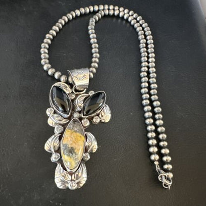 Men's Navajo Pearls Onyx Bumblebee Jasper Pendant | Sterling Silver | Multi-Stone Necklace | 15415