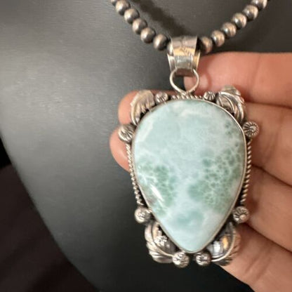 Navajo Blue Larimar Pendant Necklace | Sterling Silver Beads | Authentic Native American Handmade | 15222