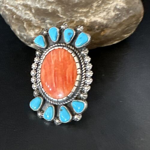 Navajo Turquoise Spiny Oyster Multi-Stone Ring | Authentic Native American Sterling Silver | Sz 8 | 15076