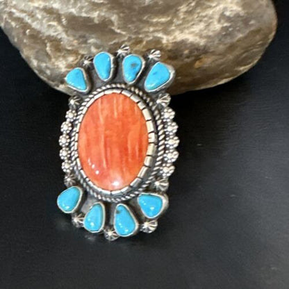 Navajo Turquoise Spiny Oyster Multi-Stone Ring | Authentic Native American Sterling Silver | Sz 8 | 15076